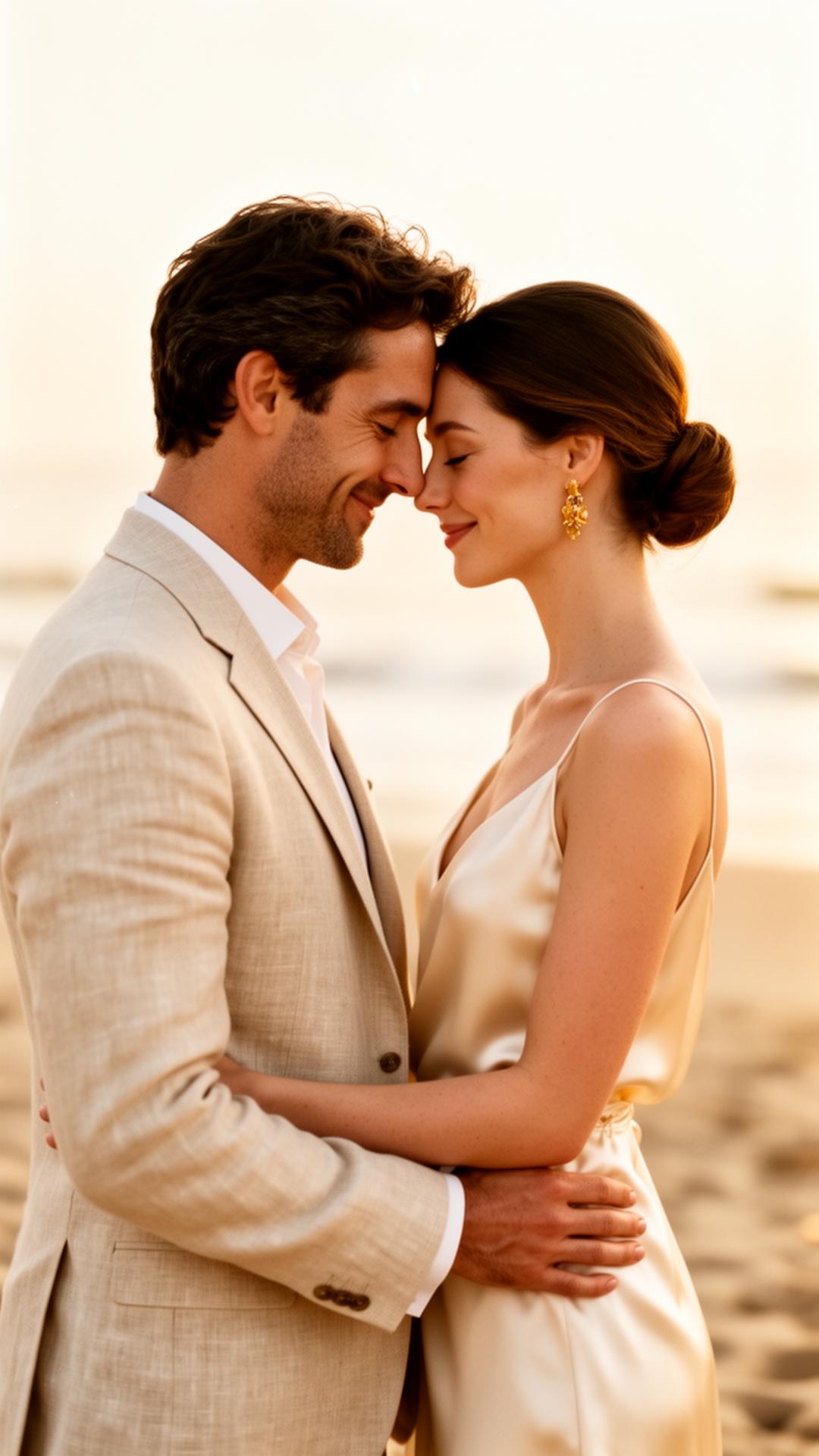 An elegant couple in a tender embrace